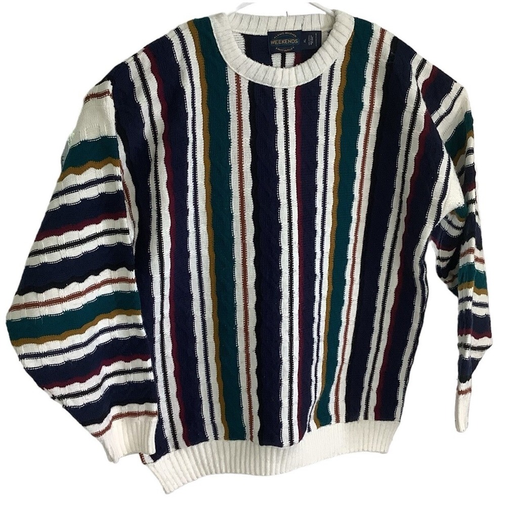 Vintage Mens XL Striped Knit Sweater Retro 90s Colorblock Crewneck Pullover - Picture 2 of 6